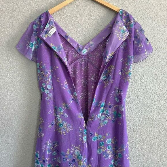 Chiffon Maxi Dress Purple Floral VNeck Sz 14 Short Sleeve Asymmetrical Tie Waist - Picture 5 of 8